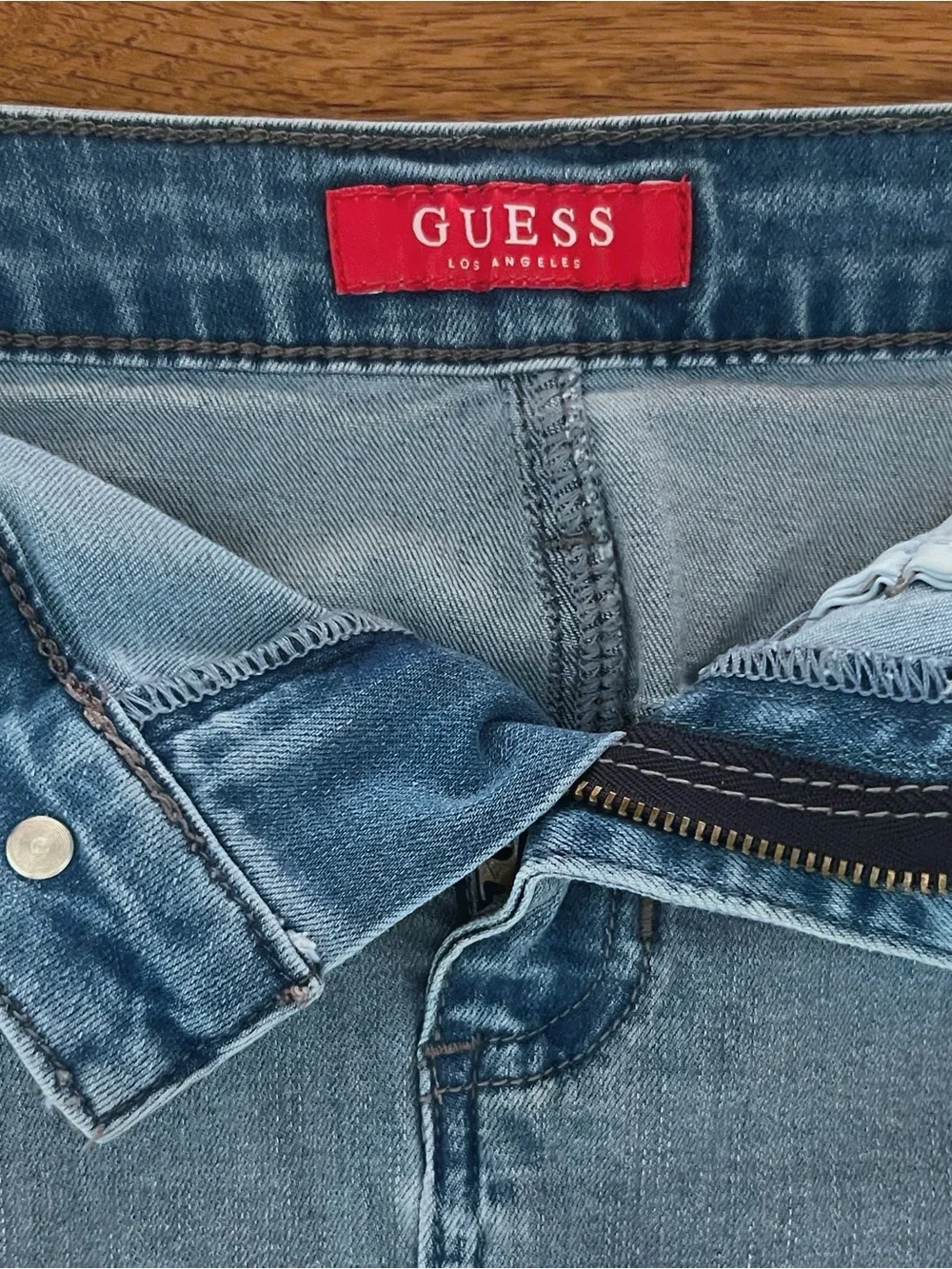 Guess Light Blue Y2K vintage Denim Skirt with Black and Yellow Side Trim